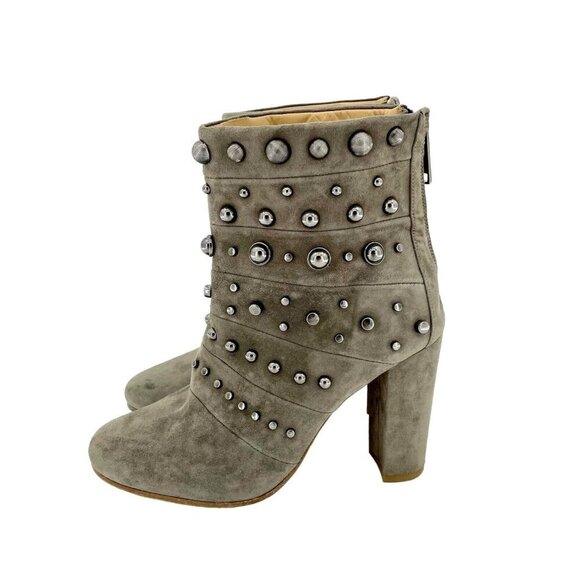 Badgley Mischka Boots Embellished Suede Taupe Zip Studded 7.5 New $495 - Picture 2 of 16